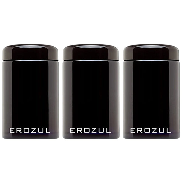 Three identical Erozul 250ml Screw Top Wide Mouth Glass UV Jars, each labeled EROZUL in white, are shown side by side. These airtight jars offer superior smell-proof storage and are part of the Erozul brand collection.